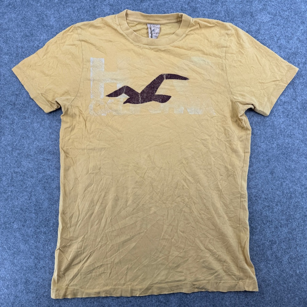 VTG Y2K Hollister T-Shirt Mens Small Yellow Graphic Logo Distressed EUC